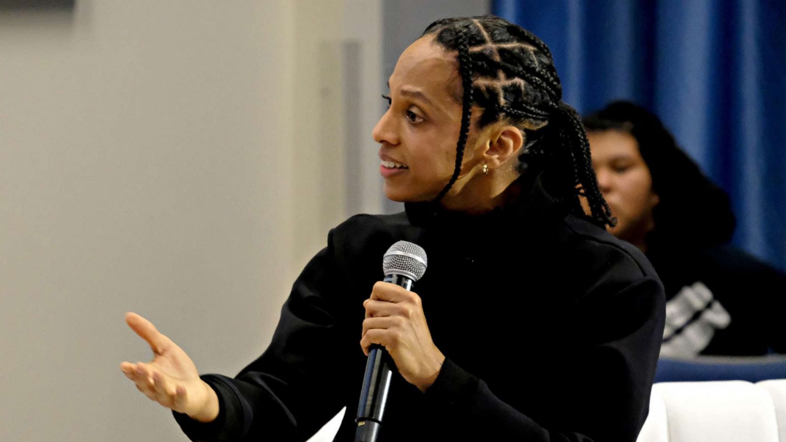 PHOTO: Janaya Future Khan speaks onstage at The Dove Self-Esteem Project and Shonda Rhimes Team Up In the Fight Against Hair Discrimination on Oct. 02, 2019, in Downey, Calif.