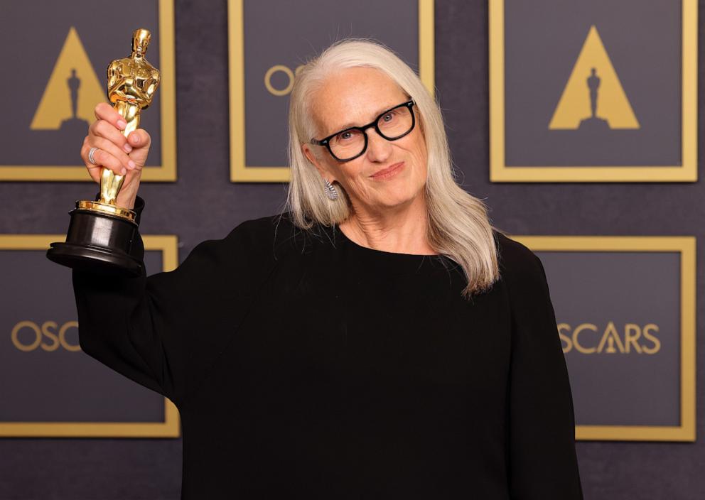 PHOTO: Jane Campion, winner of the Directing award for "The Power of the Dog," poses in the press room at the 94th Annual Academy Awards, March 27, 2022, in Hollywood, Calif.