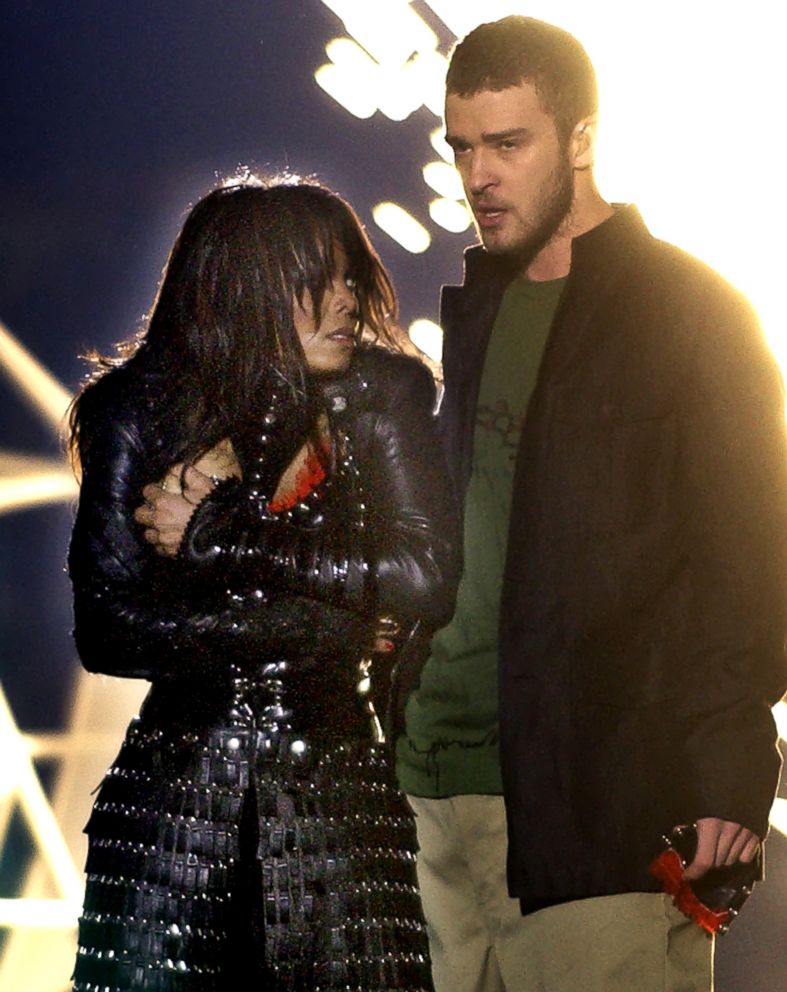 PHOTO: Singer Janet Jackson covers her breast after her outfit came undone during a performance with Justin Timberlake during the halftime show of Super Bowl XXXVIII in Houston, Feb. 1, 2004.