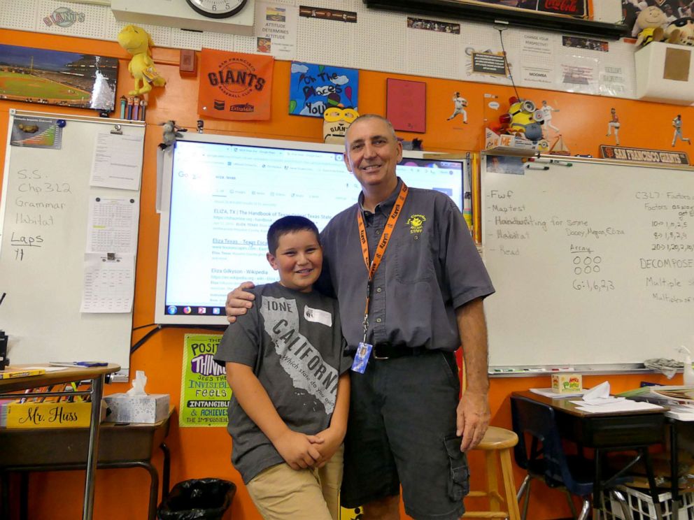 PHOTO: Huss with a former student, Jake, who moved away from Ione with his family. Huss told GMA that, when Jake returned to visit, he told his parents the only place he wanted to visit was his former school, to see Huss.