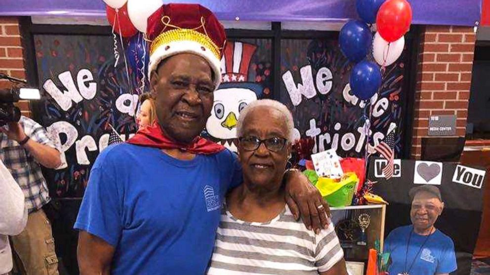 PHOTO: John Lockett, 83, a janitor at Sand Hill Elementary School in Carrollton, GA, is photographed on May 17, 2019, with his wife of 25 years, Annie Lockett.