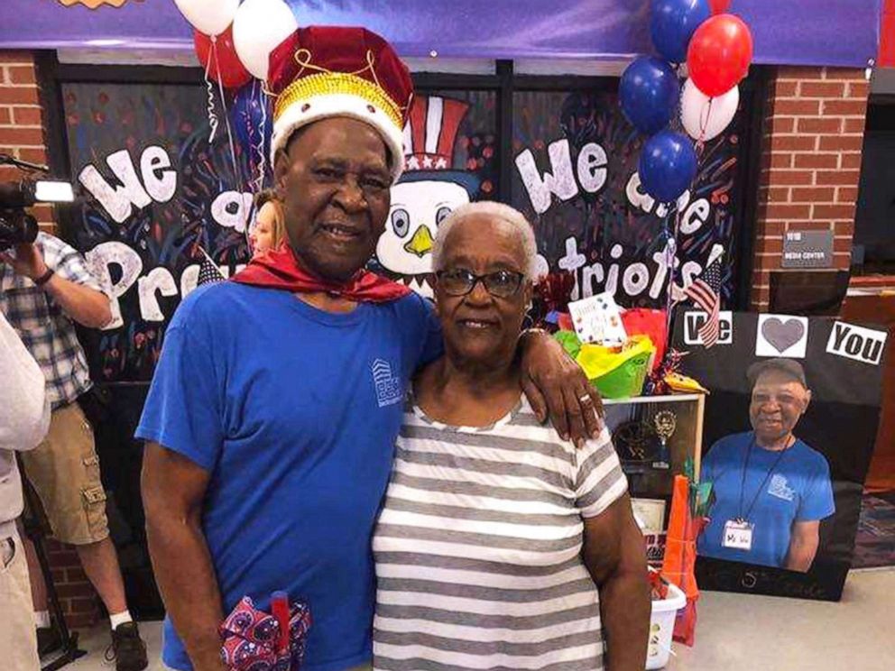 PHOTO: John Lockett, 83, a janitor at Sand Hill Elementary School in Carrollton, GA, is photographed on May 17, 2019, with his wife of 25 years, Annie Lockett.