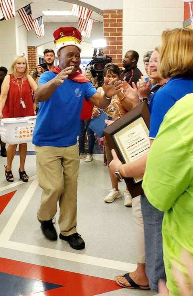 PHOTO: John Lockett, 83, a janitor at Sand Hill Elementary School in Carrollton, GA, received a surprise retirement party from students on May 17, 2019.