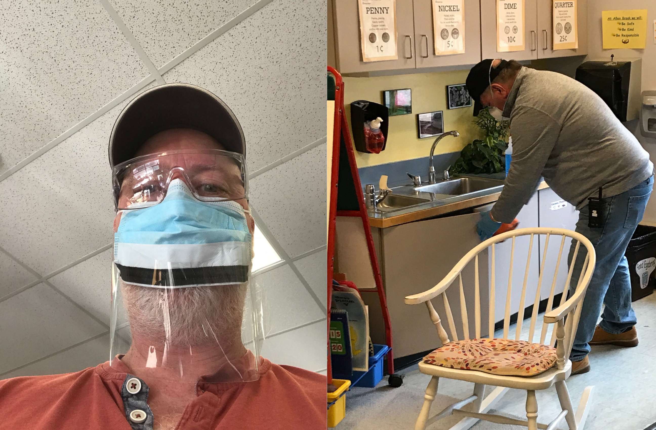 PHOTO: Lyall Smith (left) and John Baggs (right), both custodians at Williston schools in Williston, Vermont, have been cleaning and sanitizing doorknobs, carpets, floors, lockers and cubbies amid the novel coronavirus outbreak.
