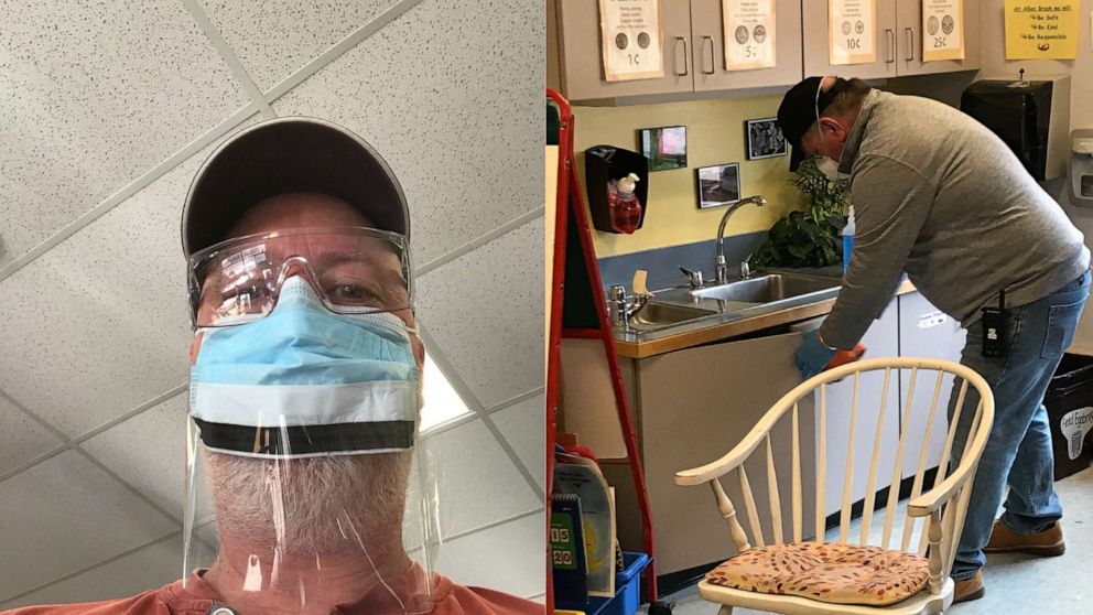 PHOTO: Lyall Smith (left) and John Baggs (right), both custodians at Williston schools in Williston, Vermont, have been cleaning and sanitizing doorknobs, carpets, floors, lockers and cubbies amid the novel coronavirus outbreak.