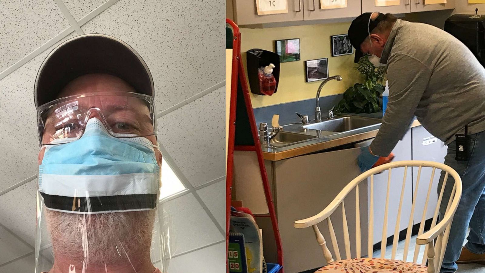 PHOTO: Lyall Smith (left) and John Baggs (right), both custodians at Williston schools in Williston, Vermont, have been cleaning and sanitizing doorknobs, carpets, floors, lockers and cubbies amid the novel coronavirus outbreak.