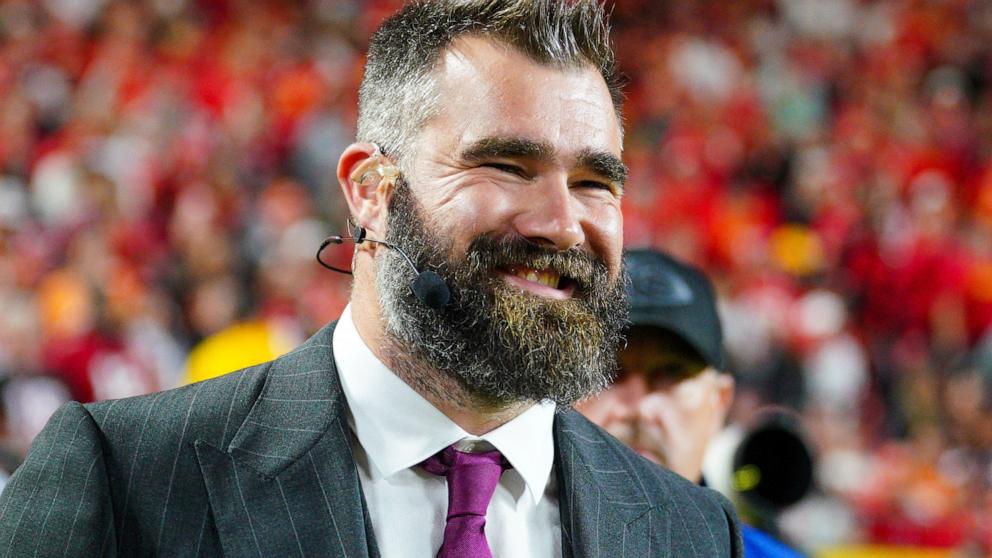 PHOTO: Former NFL player and ESPN commentator Jason Kelce on the sidelines during the first half of the game between the Kansas City Chiefs and Tampa Bay Buccaneers at GEHA Field, Nov. 4, 2024, in Kansas City, Mo.