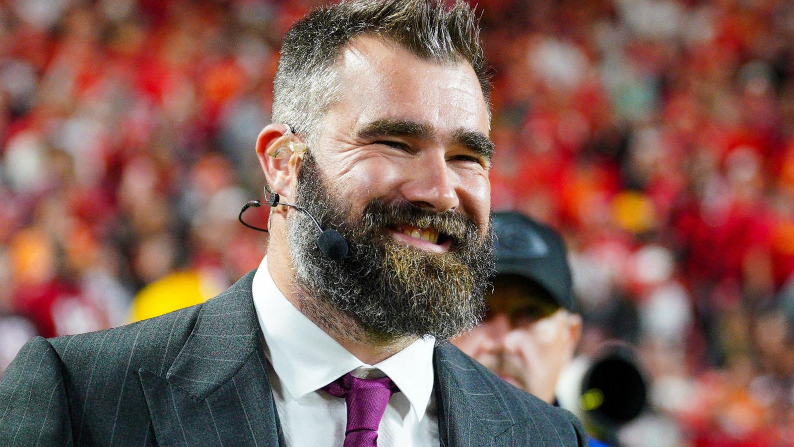 PHOTO: Former NFL player and ESPN commentator Jason Kelce on the sidelines during the first half of the game between the Kansas City Chiefs and Tampa Bay Buccaneers at GEHA Field, Nov. 4, 2024, in Kansas City, Mo.