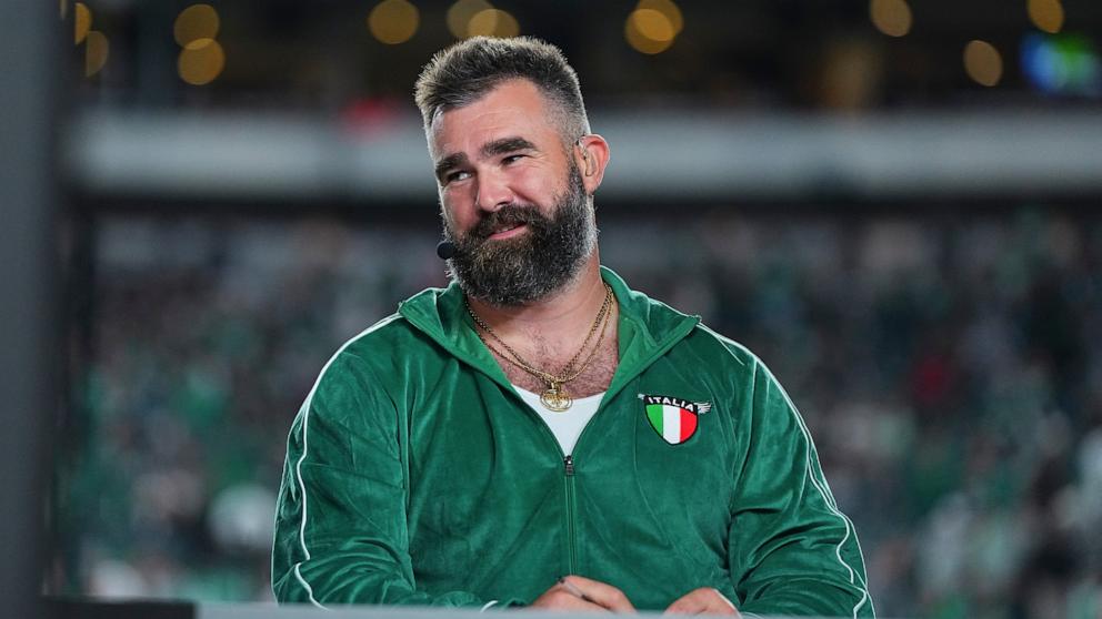 PHOTO: Jason Kelce looks on prior to the game between the Atlanta Falcons and Philadelphia Eagles at Lincoln Financial Field on Sept.r 16, 2024 in Philadelphia.