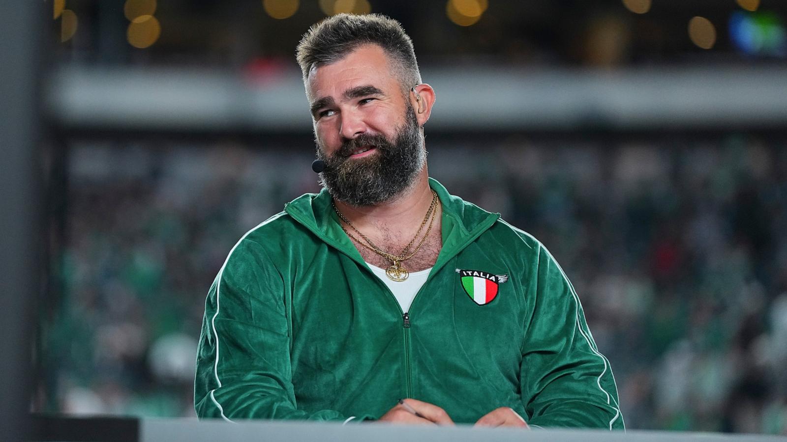 PHOTO: Jason Kelce looks on prior to the game between the Atlanta Falcons and Philadelphia Eagles at Lincoln Financial Field on Sept.r 16, 2024 in Philadelphia.