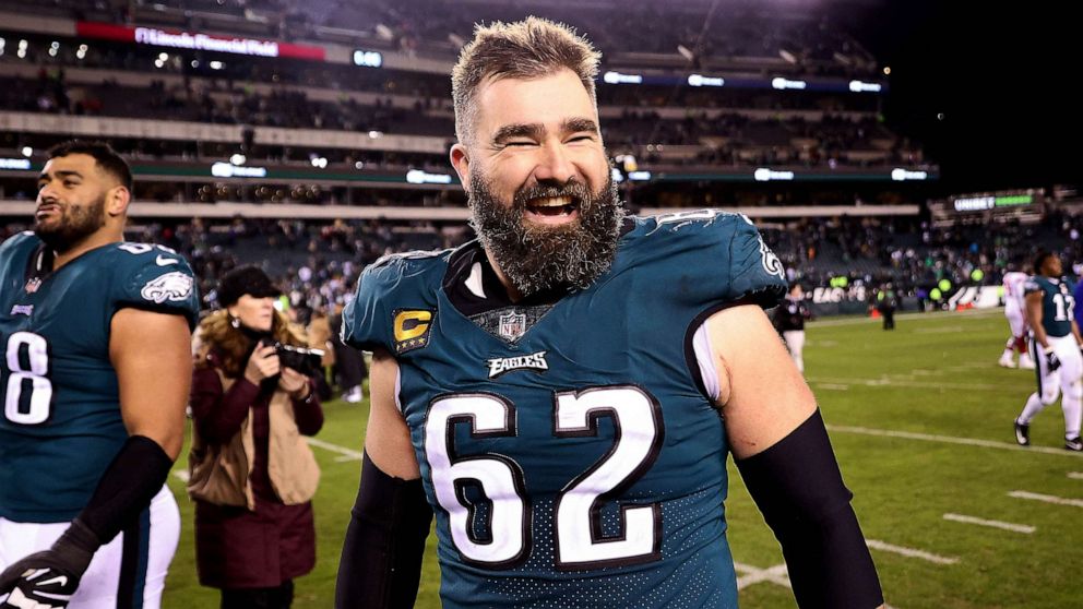 PHOTO: Jason Kelce #62 of the Philadelphia Eagles celebrates on the field after defeating the New York Giants 38-7 in the NFC Divisional Playoff game at Lincoln Financial Field, Jan. 21, 2023 in Philadelphia.