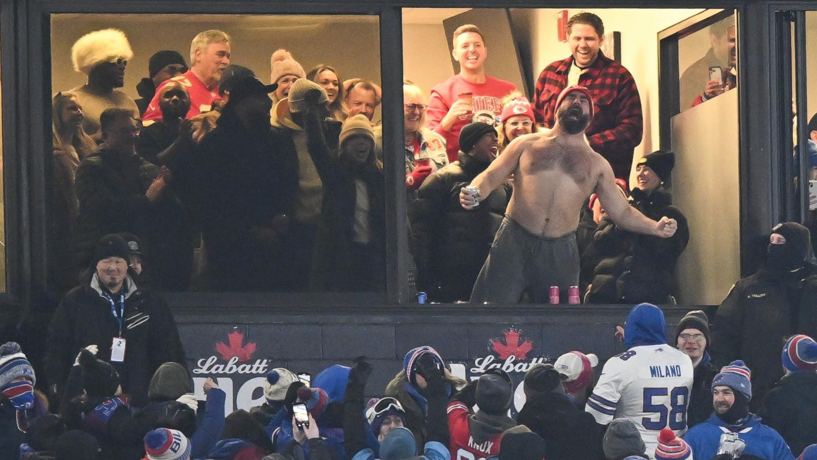 PHOTO: Jason Kelce #62 of the Philadelphia Eagles celebrates after the Kansas City Chiefs score a touchdown during the first half of the AFC Divisional Playoff game against the Buffalo Bills at Highmark Stadium on Jan. 21, 2024 in Orchard Park, N.Y