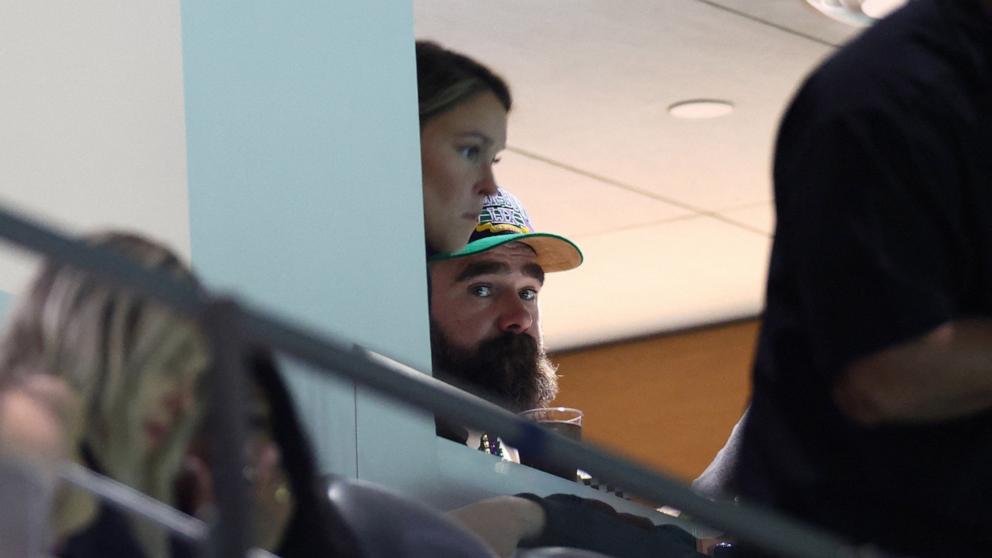 PHOTO: Jason and Kylie Kelce in the stands during the Super Bowl LIX - Philadelphia Eagles v Kansas City Chiefs at Caesars Superdome, New Orleans, Feb. 9, 2025.