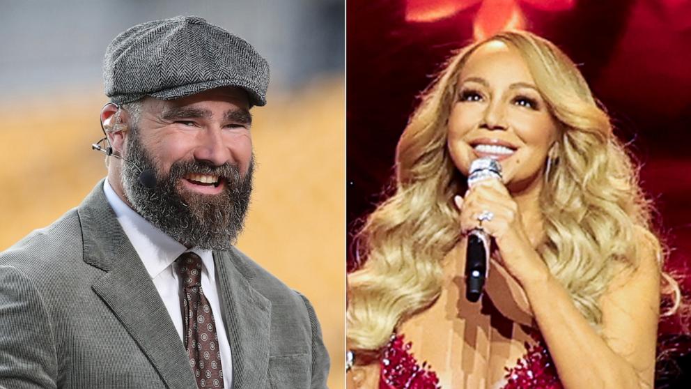 PHOTO: ESPN Network Monday Night Football host Jason Kelce performs the pre-game broadcast on Oct. 28, 2024, in Pittsburgh, Pa. | Mariah Carey performs onstage during Mariah Carey's Christmas Time Tour Kick Off on Nov. 6, 2024, in Highland, Calif.