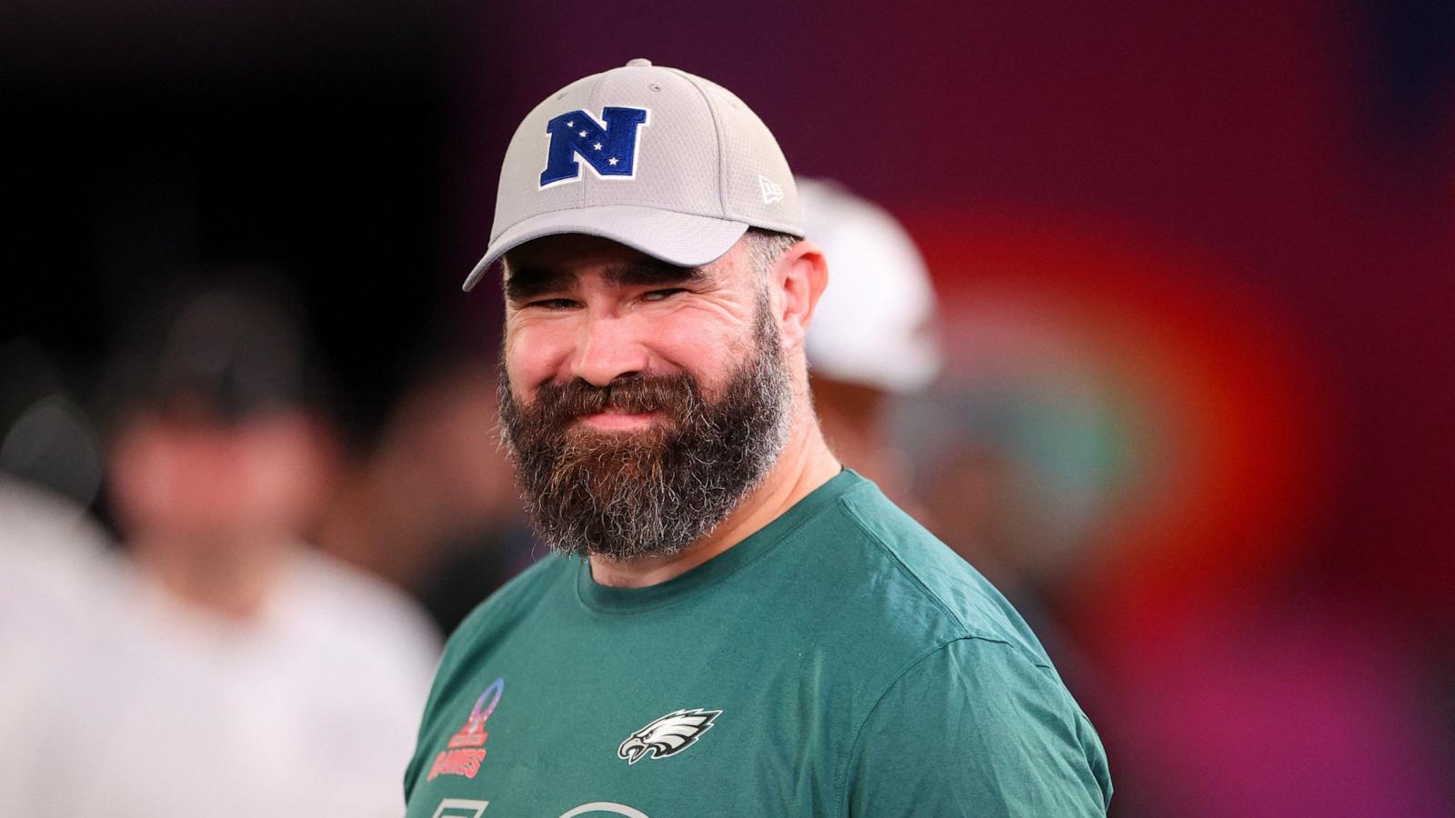 PHOTO: Philadelphia Eagles center Jason Kelce participates in the NFL Pro Bowl Skills Competition at the UCF NIcholson Fieldhouse, in Orlando, Fla., on Feb. 1, 2024.