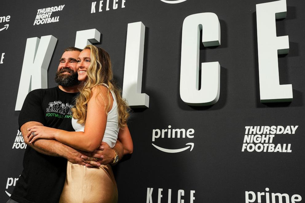 PHOTO: Jason Kelce poses for a photo with Kylie Kelce during the Kelce documentary premiere at Suzanne Roberts Theater on September 8, 2023 in Philadelphia, Pennsylvania.