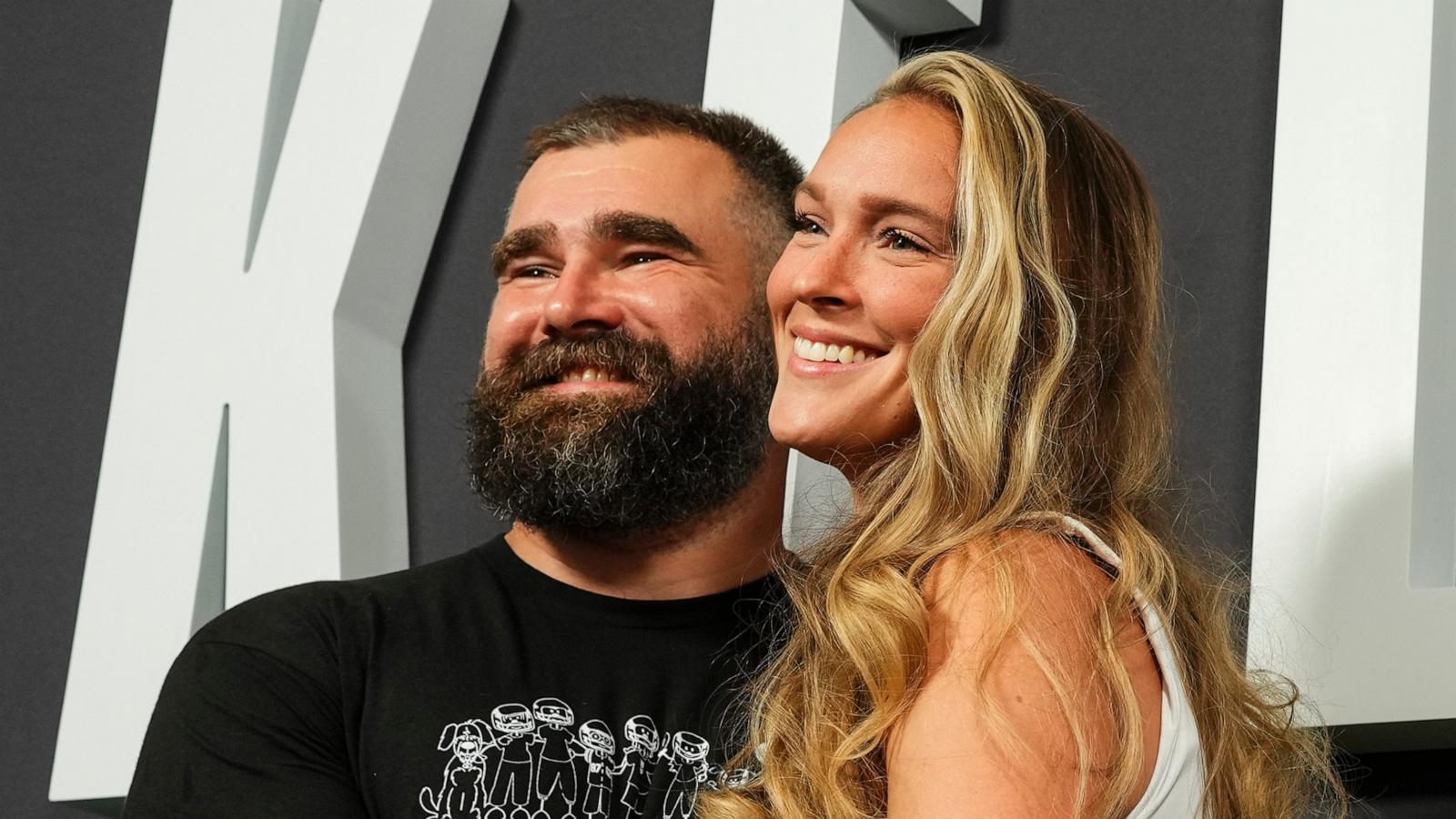 PHOTO: Jason Kelce poses for a photo with Kylie Kelce during the Kelce documentary premiere at Suzanne Roberts Theater on September 8, 2023 in Philadelphia, Pennsylvania.