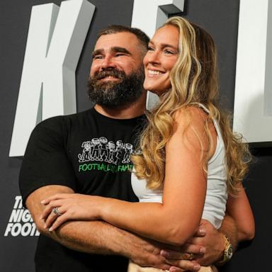 PHOTO: Jason Kelce poses for a photo with Kylie Kelce during the Kelce documentary premiere at Suzanne Roberts Theater on September 8, 2023 in Philadelphia, Pennsylvania.