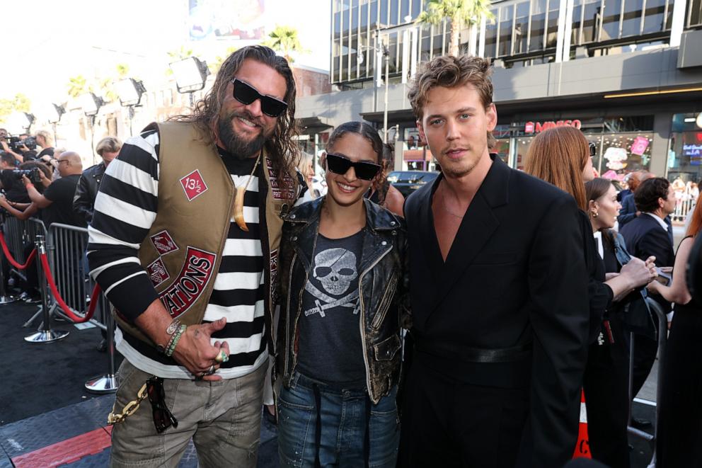 PHOTO: Jason Momoa, left, Lola Iolani Momoa, center, and Austin Butler arrive at the Los Angeles Premiere of Focus Features' "The Bikeriders" at TCL Chinese Theatre, June 17, 2024, in Hollywood, Calif.