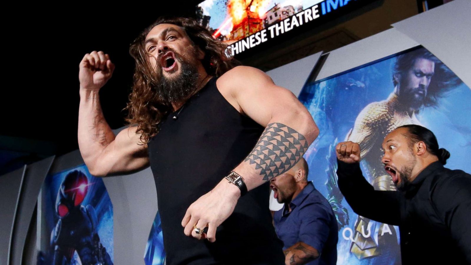 PHOTO: Jason Momoa performs a haka dance at the premiere for "Aquaman" in Los Angeles, Dec. 12, 2018.