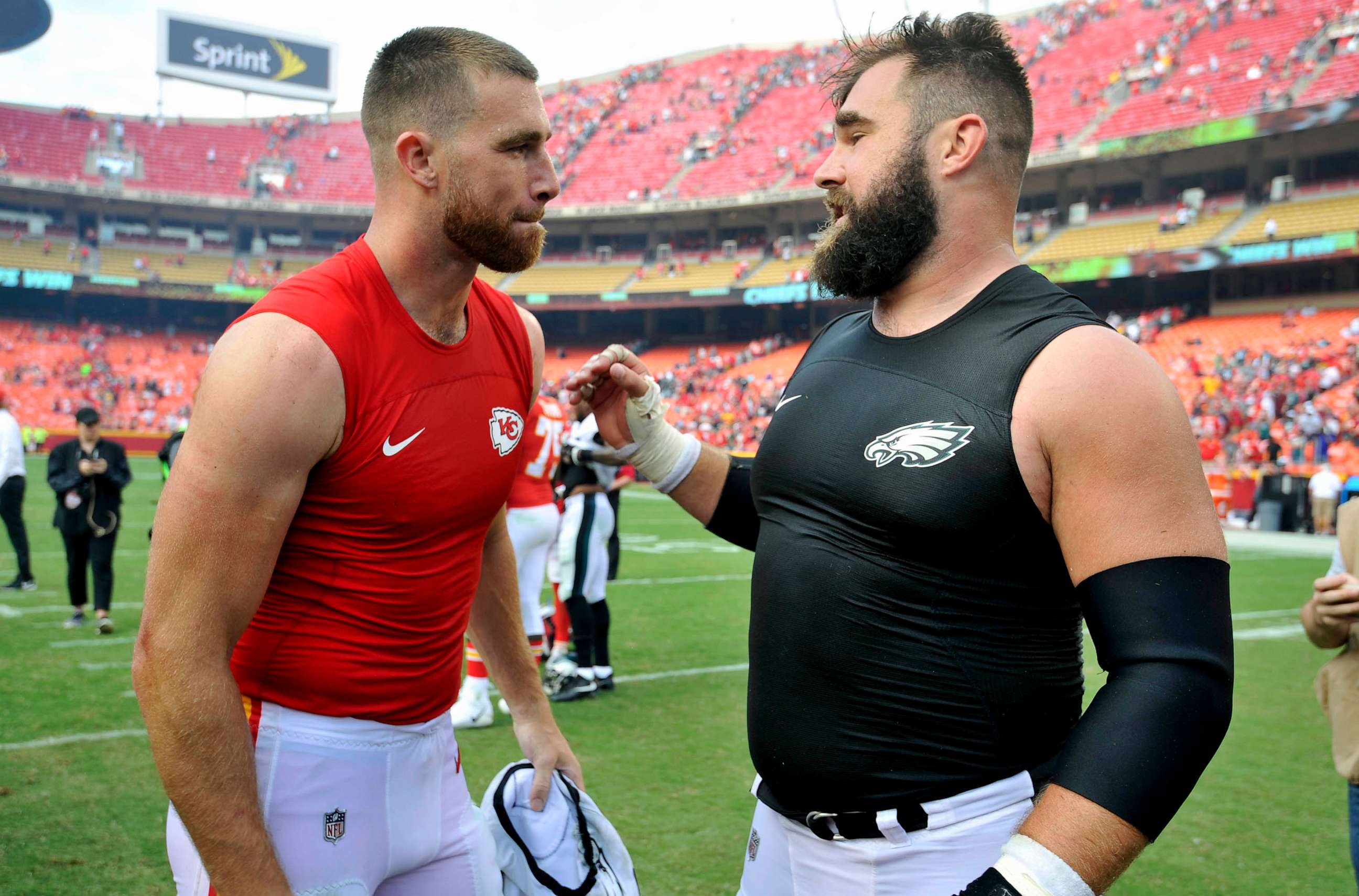 PHOTO: FILE - Kansas City Chiefs tight end Travis Kelce, left, talks to his brother, Philadelphia Eagles center Jason Kelce, after they exchanged jerseys following an NFL football game in Kansas City, Mo., Sept. 17, 2017.