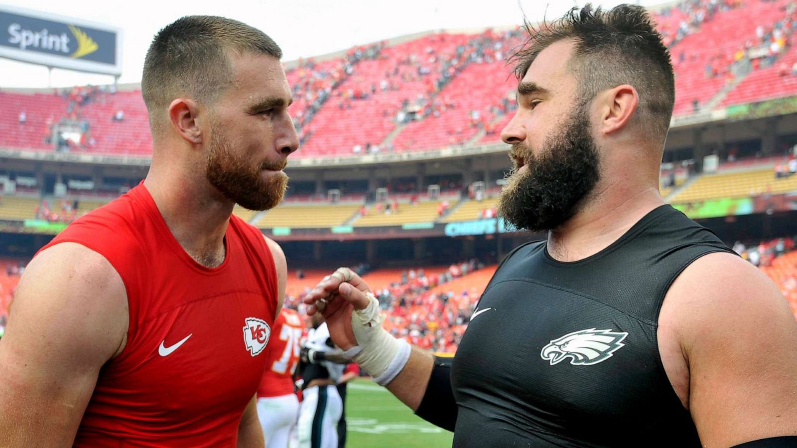 PHOTO: FILE - Kansas City Chiefs tight end Travis Kelce, left, talks to his brother, Philadelphia Eagles center Jason Kelce, after they exchanged jerseys following an NFL football game in Kansas City, Mo., Sept. 17, 2017.