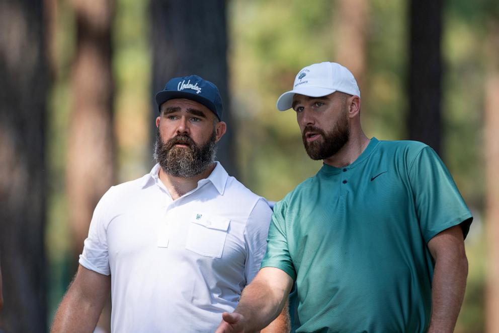 PHOTO: Travis Kelce and Jason Kelce during the ACC Celebrity Golf Championship presented by American Century Investments at Edgewood Tahoe Golf Course on July 12, 2024 in Stateline, Nevada.