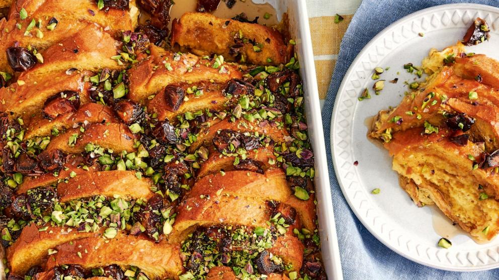 PHOTO: Orange and pistachio French toast casserole.