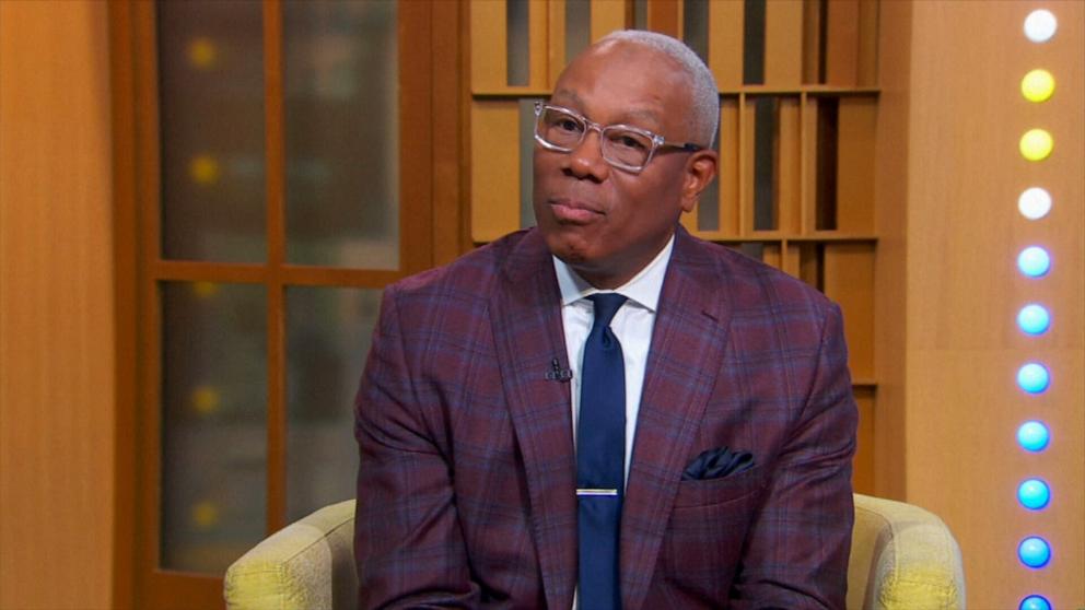 PHOTO: ESPN's Jay Harris speaks with Michael Strahan on "Good Morning America" on June 5, 2025.
