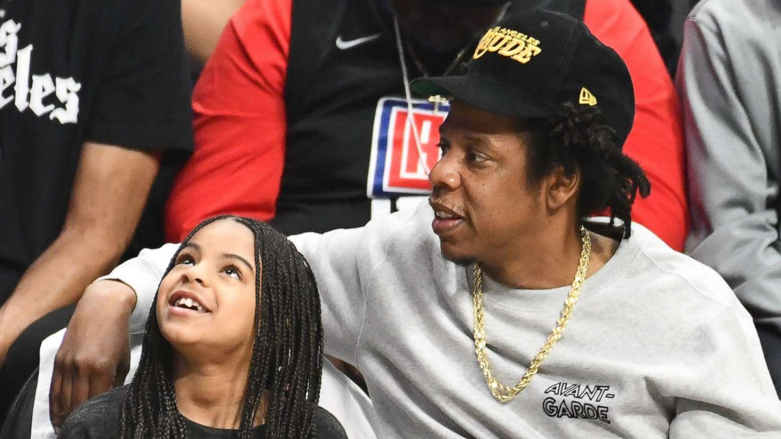 PHOTO: Jay-Z and Blue Ivy Carter attend a basketball game between the Los Angeles Clippers and the Los Angeles Lakers on March 8, 2020 in Los Angeles.