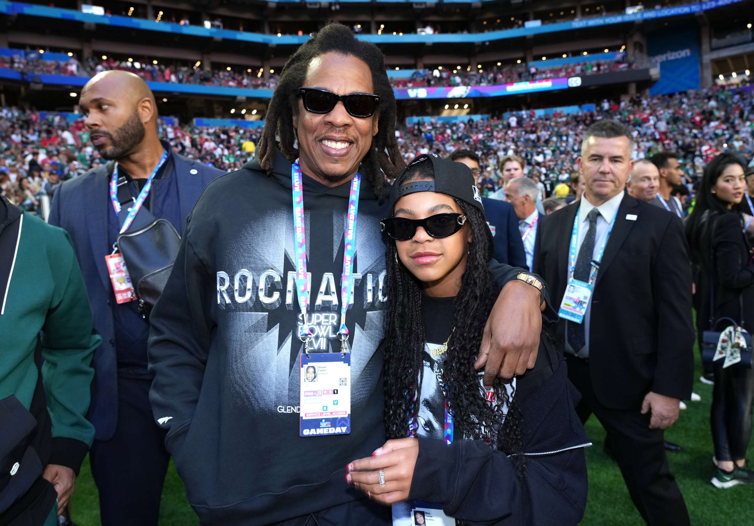 PHOTO: Jay-Z and his daughter Blue Ivy Carter attend Super Bowl LVII, Feb. 12, 2023, in Glendale, Ariz.