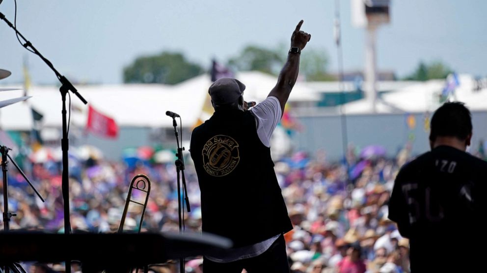 PHOTO: Big Sam's Funky Nation performs at the New Orleans Jazz & Heritage Festival in New Orleans, April 29, 2022. 