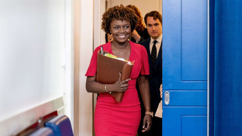 PHOTO: White House press secretary Karine Jean-Pierre arrives for her first press briefing as press secretary at the White House in Washington, D.C., May 16, 2022.