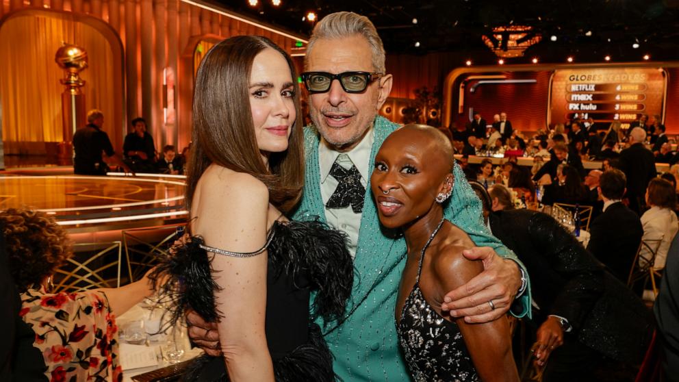 PHOTO: Sarah Paulson, Jeff Goldblum, and Cynthia Erivo attend the 82nd Annual Golden Globe Awards, Jan. 5, 2025, in Beverly Hills, Calif.