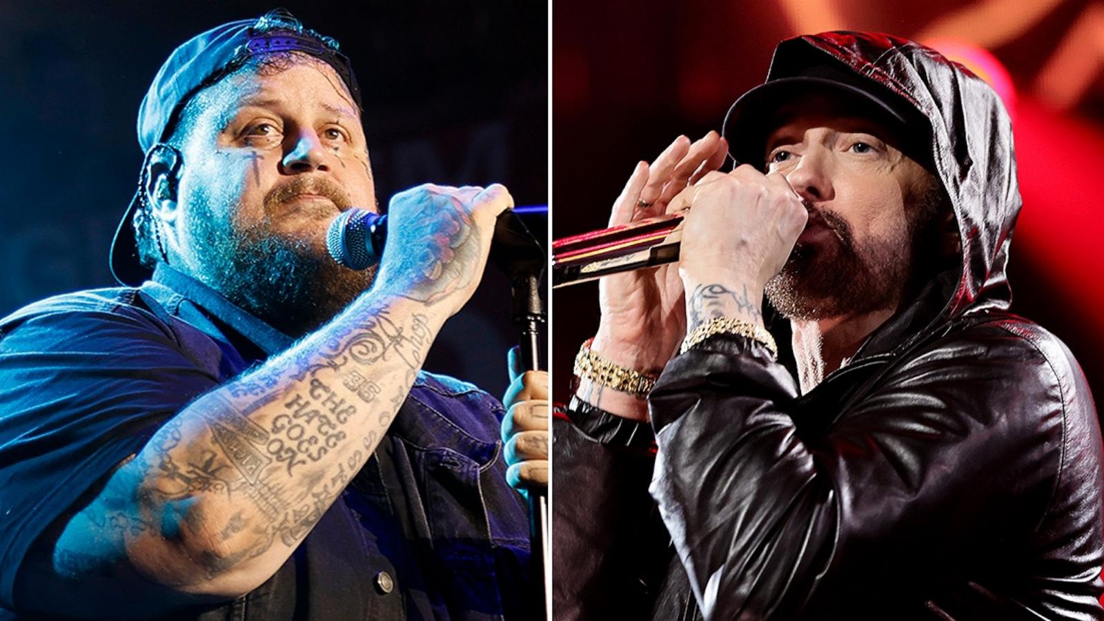 PHOTO: Jelly Roll performs during 107.5 The River's River, June 17, 2024, in Nashville, Tenn. Eminem performs onstage during the 37th Annual Rock & Roll Hall of Fame Induction Ceremony at Microsoft Theater, Nov. 5, 2022, in Los Angeles.