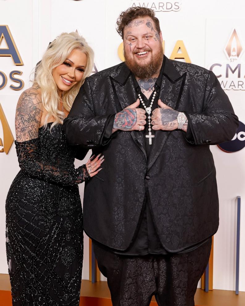 PHOTO: Bunnie Xo and Jelly Roll attend the 2023 CMA Awards at Bridgestone Arena November 08, 2023 in Nashville, Tennessee.