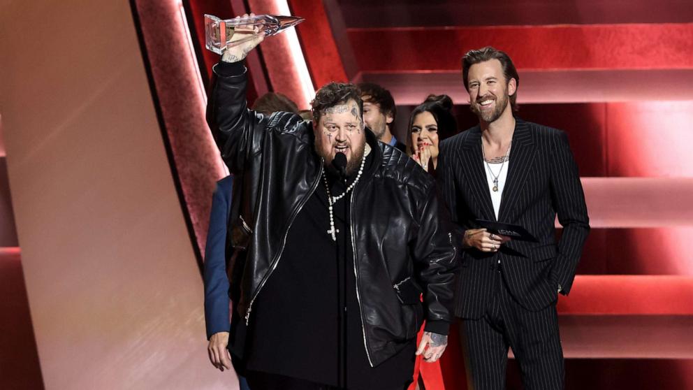 PHOTO: Jelly Roll accepts the New Artist of the Year Award onstage during the 57th Annual CMA Awards at Bridgestone Arena on Nov. 08, 2023 in Nashville, Tenn.