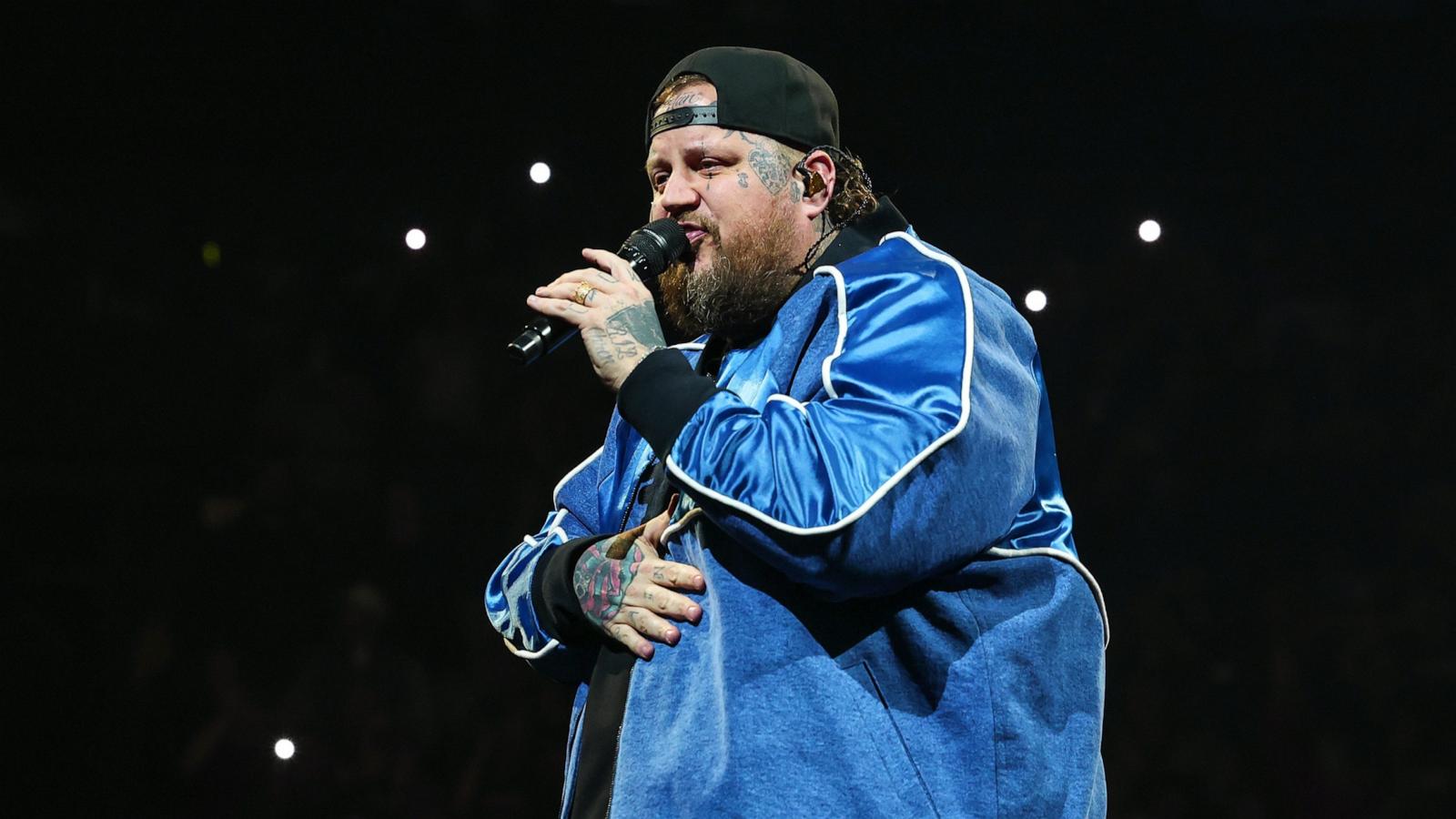 PHOTO: Jelly Roll performs on stage during The Beautifully Broken Tour at Bridgestone Arena on Nov. 26, 2024 in Nashville.