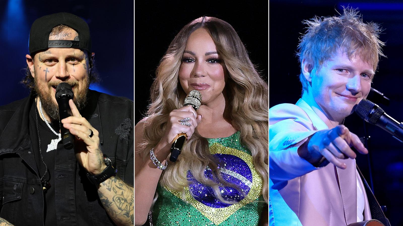 PHOTO: Jelly Roll performs on May 2, 2025, in Miami Beach, Fla. | Mariah Carey performs during the Rock in Rio festival on Sept. 22, 2024, in Rio de Janeiro. | Ed Sheeran performs at the 2025 TIME100 Gala on April 24, 2025, in New York.