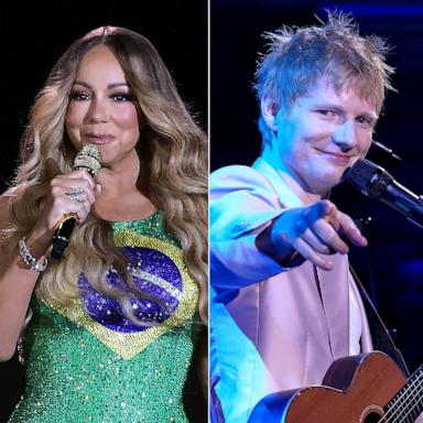 PHOTO: Jelly Roll performs on May 2, 2025, in Miami Beach, Fla. | Mariah Carey performs during the Rock in Rio festival on Sept. 22, 2024, in Rio de Janeiro. | Ed Sheeran performs at the 2025 TIME100 Gala on April 24, 2025, in New York.