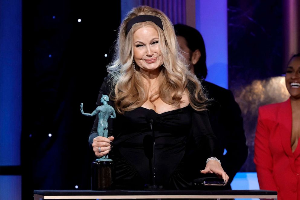 PHOTO: Jennifer Coolidge accepts the Outstanding Performance by a Female Actor in a Drama Series award for "The White Lotus" onstage during the 29th Annual Screen Actors Guild Awards at Fairmont Century Plaza, Feb. 26, 2023 in Los Angeles, Calif.