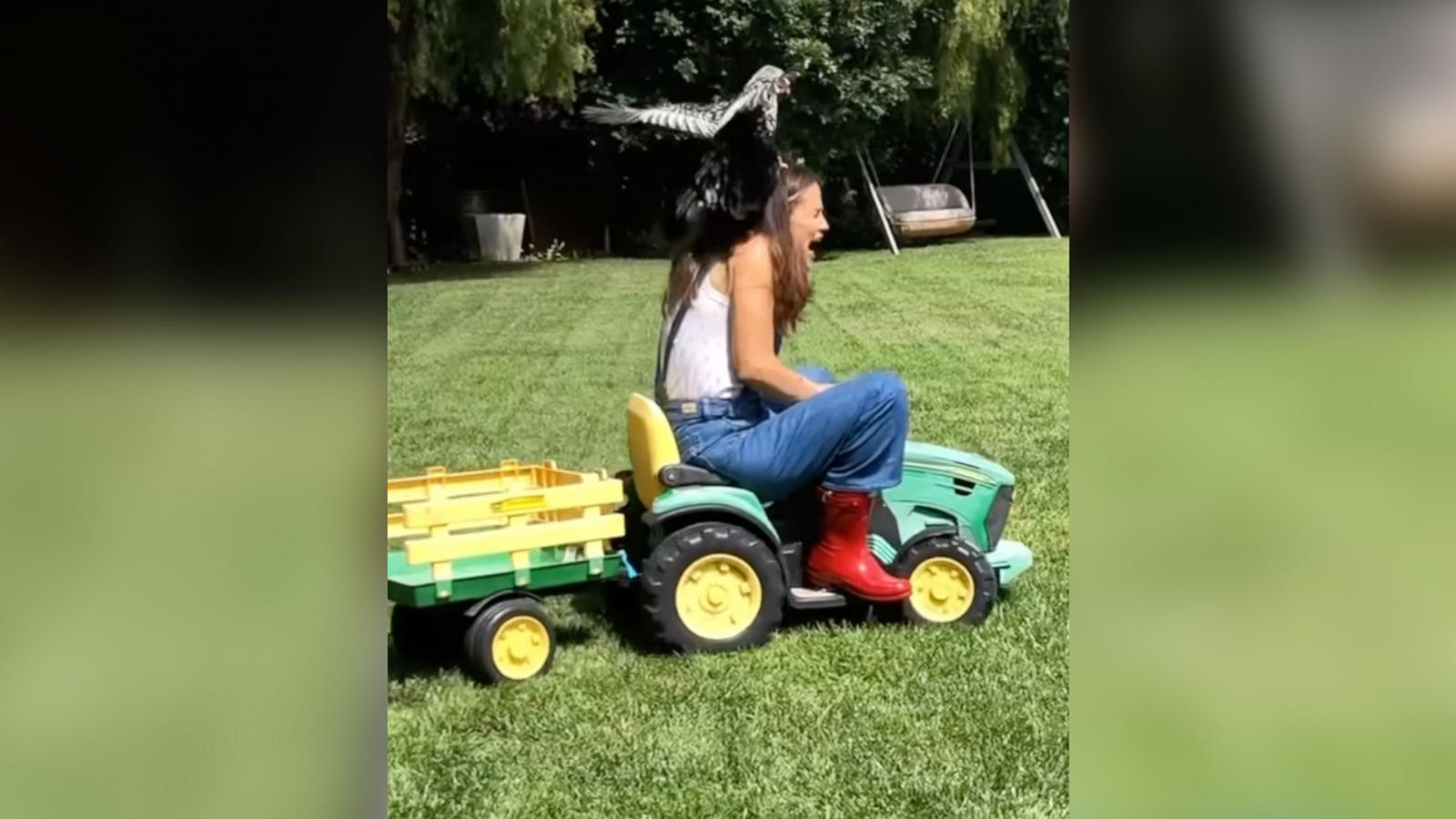 PHOTO: Garner posted a funny video on Instagram showing a chicken jumping on top of her head while she drove a mini tractor. 