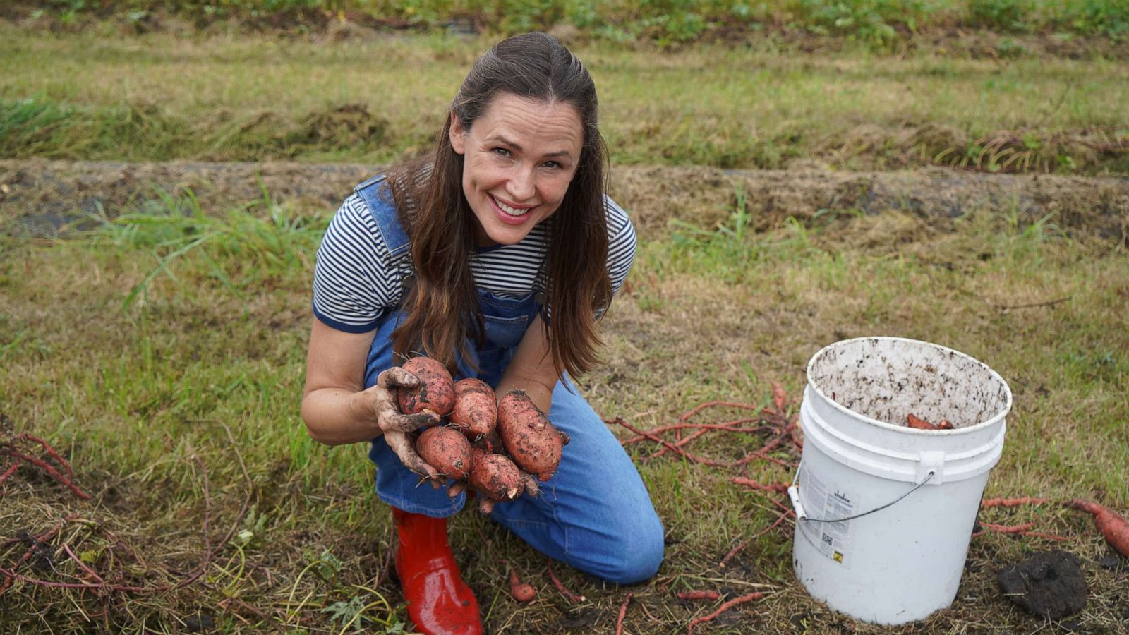 PHOTO: Jennifer Garner holds sweet potatoes on her farm for a new Once Upon A Farm recipe.