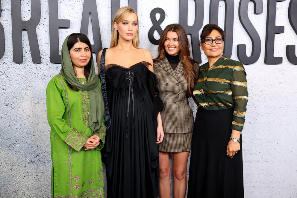 PHOTO: (L-R) Malala Yousafzai, Jennifer Lawrence, Justine Ciarrocchi, and Sahra Mani attend the Los Angeles premiere of Apple Original Films' "Bread & Roses" at Hammer Museum, Nov. 14, 2024, in Los Angeles.