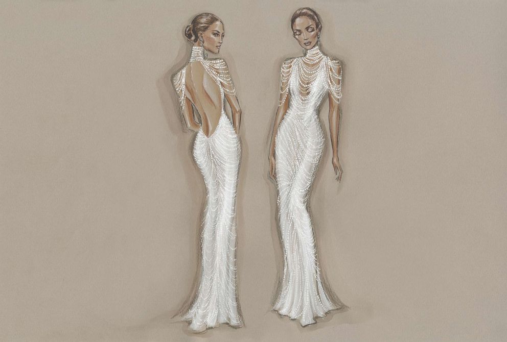 PHOTO: Sketch of Jennifer Lopez's chandelier pearl gown adorned with thousands of cascading strings of pearls.