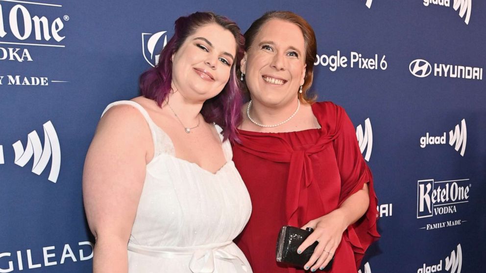 PHOTO: Genevieve Davis and Amy Schneider attend The 33rd Annual GLAAD Media Awards in Beverly Hills, Calif., April 2, 2022. 