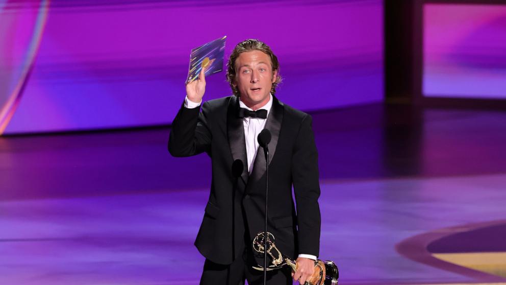 PHOTO: Jeremy Allen White accepts the Outstanding Lead Actor in a Comedy Series award for The Bear, at the 76th Primetime Emmy Awards, Sept. 15, 2024, in Los Angeles.