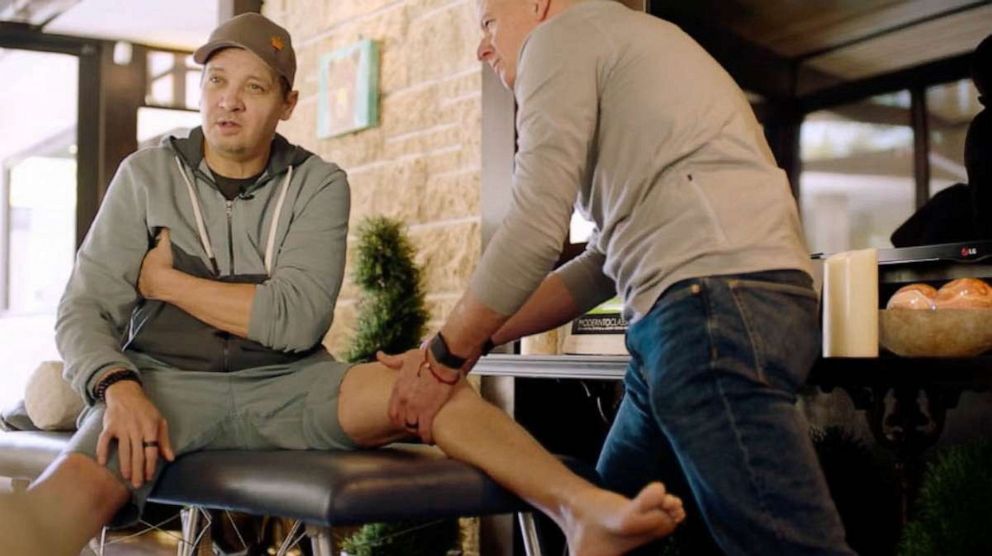 PHOTO: Jeremy Renner receives physical therapy treatment at his home in Los Angeles in this screengrab from "Jeremy Renner: The Diane Sawyer Interview -- A Story of Terror, Survival and Triumph."