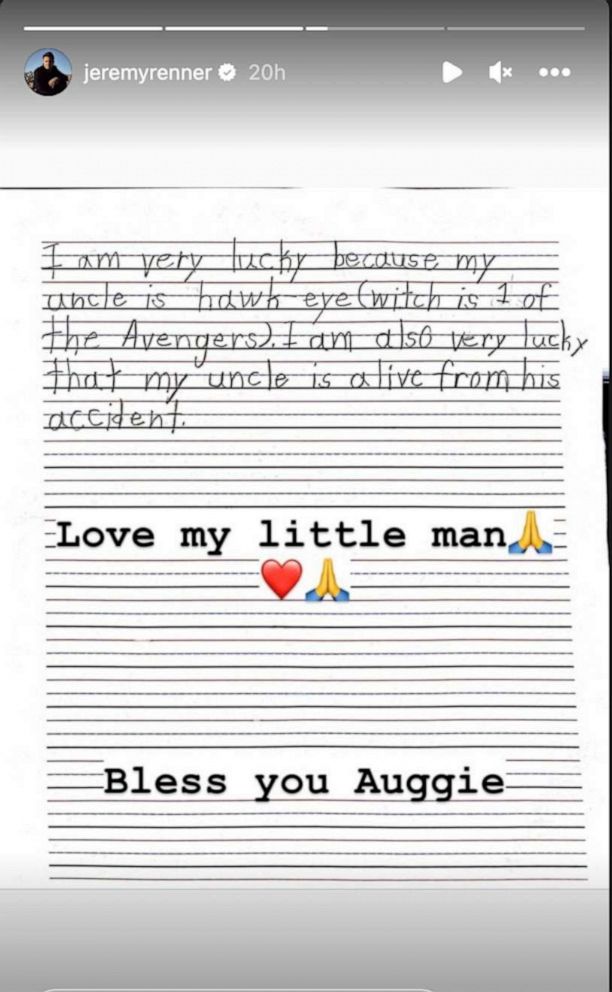 PHOTO: Jeremy Renner posted a note his nephew wrote about him on his Instagram story.