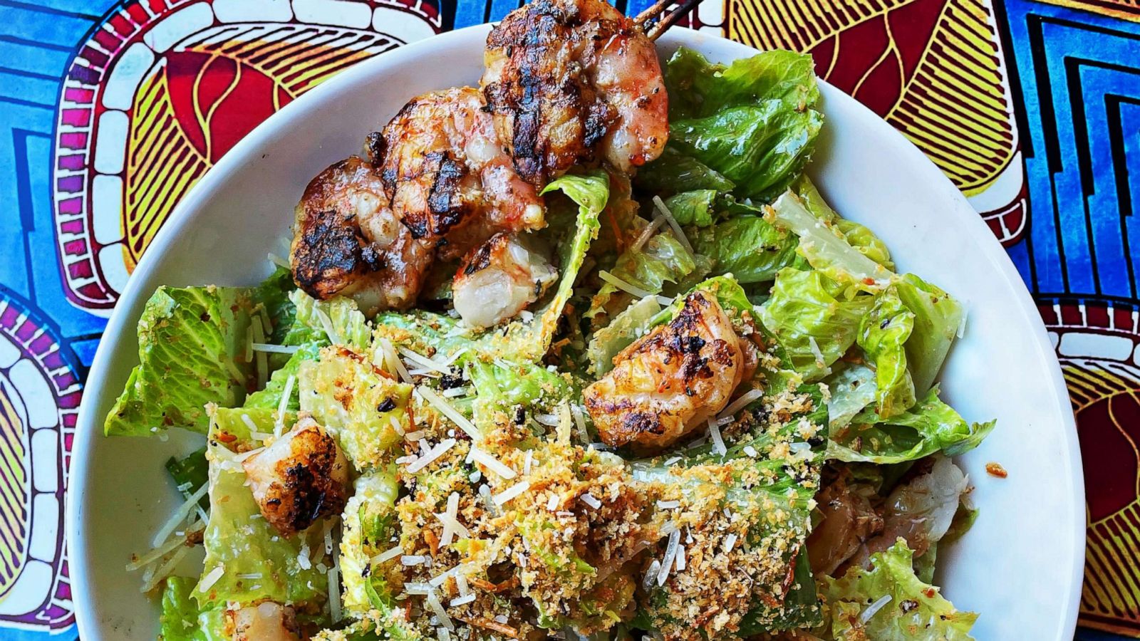 PHOTO: A jerk shrimp salad made with chilled crunchy romaine hearts and spicy breadcrumbs.